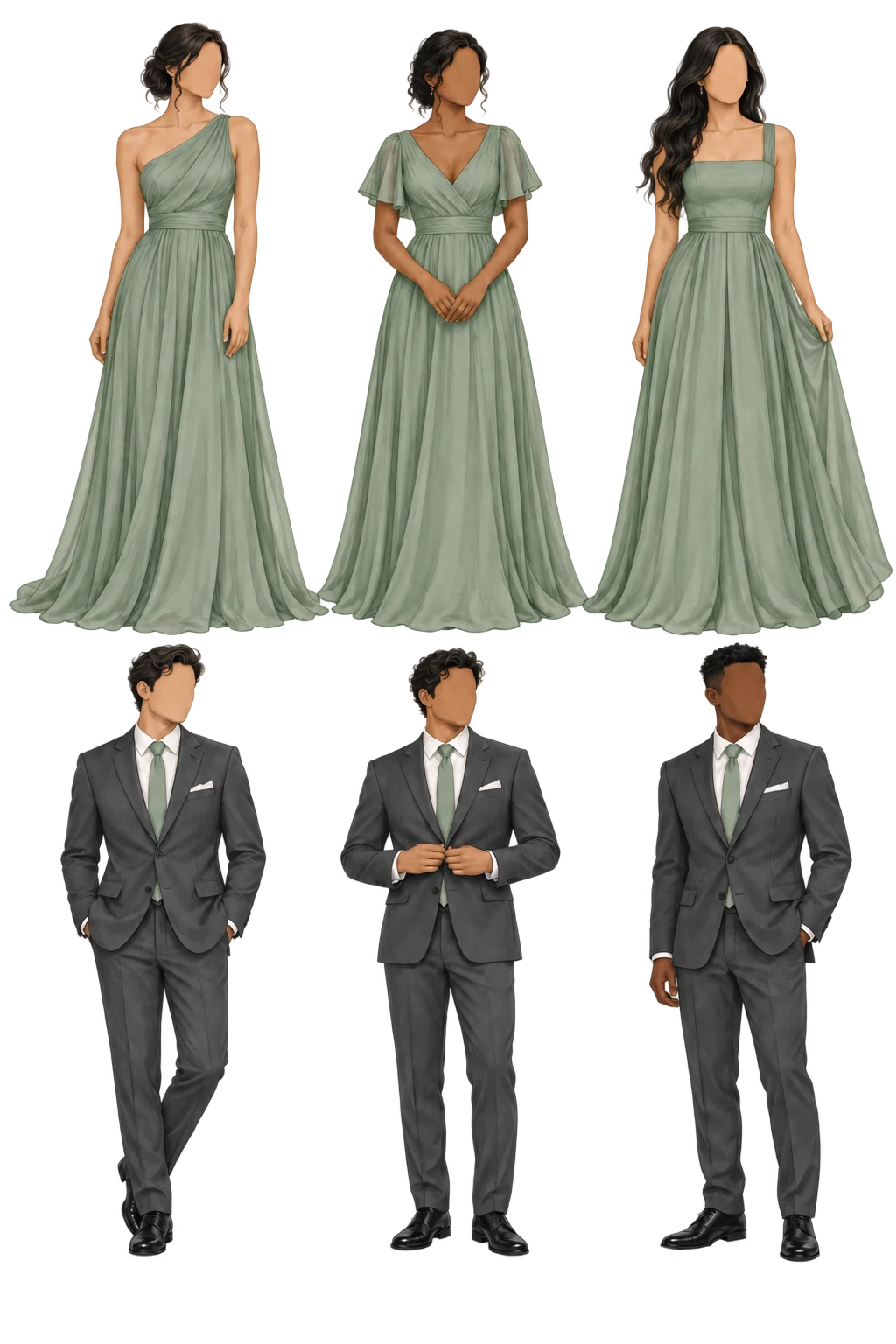 Bridesmaids & Groomsmen illustrated attire: Muted sage gowns · Charcoal suits with sage ties
